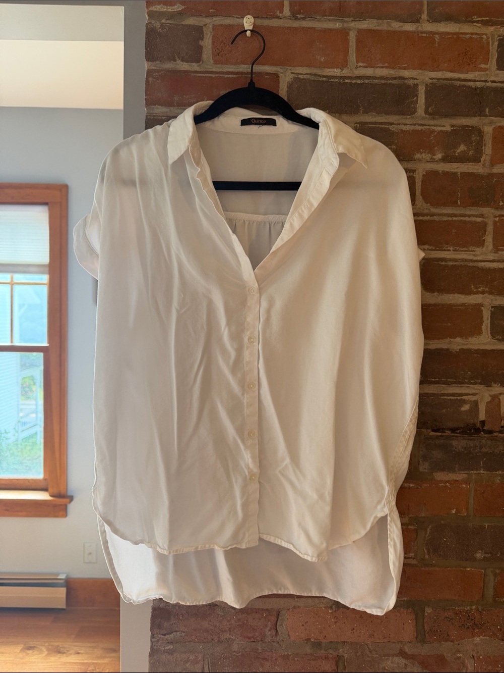 Quince White Short-Sleeve Button-Down Draped Blouse
